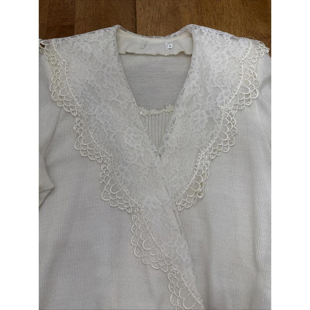 VTG Sweater Womens Sz S Lace Collar Double Breasted  Gold Buttons Cottagecore - Picture 2 of 12
